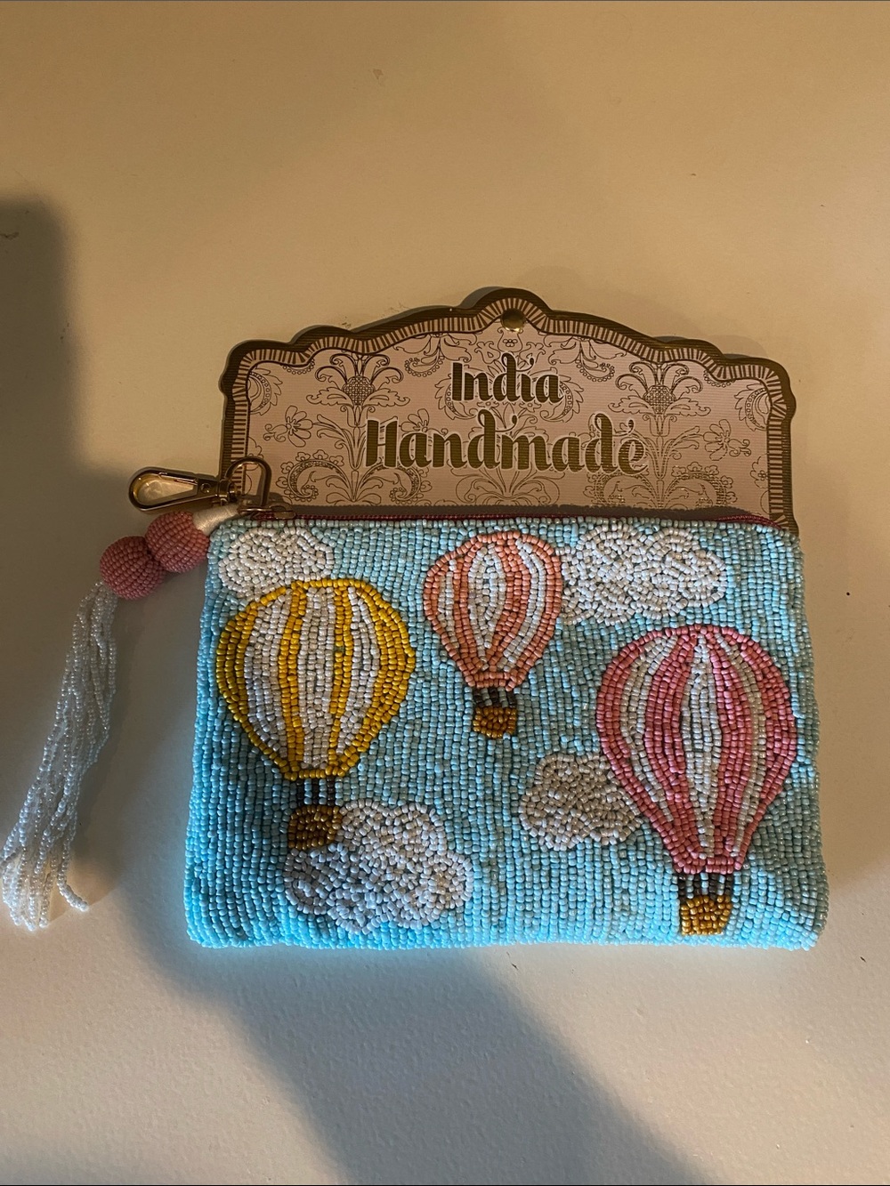 Handmade Blue Beaded Hot Air Balloon Wristlet Pouch